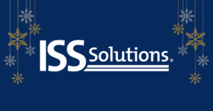 Silver and gold snowflakes on strings surround the ISS Solutions logo